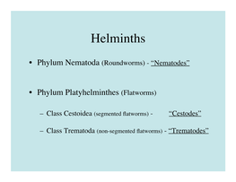 Echinococcus Granulosus (Dog Tapeworm) ---> Hydatid Disease Taenia Saginata the Beef Tapeworm “Field O’ Beeves”