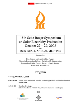 15Th Sede Boqer Symposium on Solar Electricity Production October 27