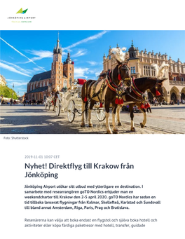 Nyhet! Direktflyg Till Krakow Från Jönköping