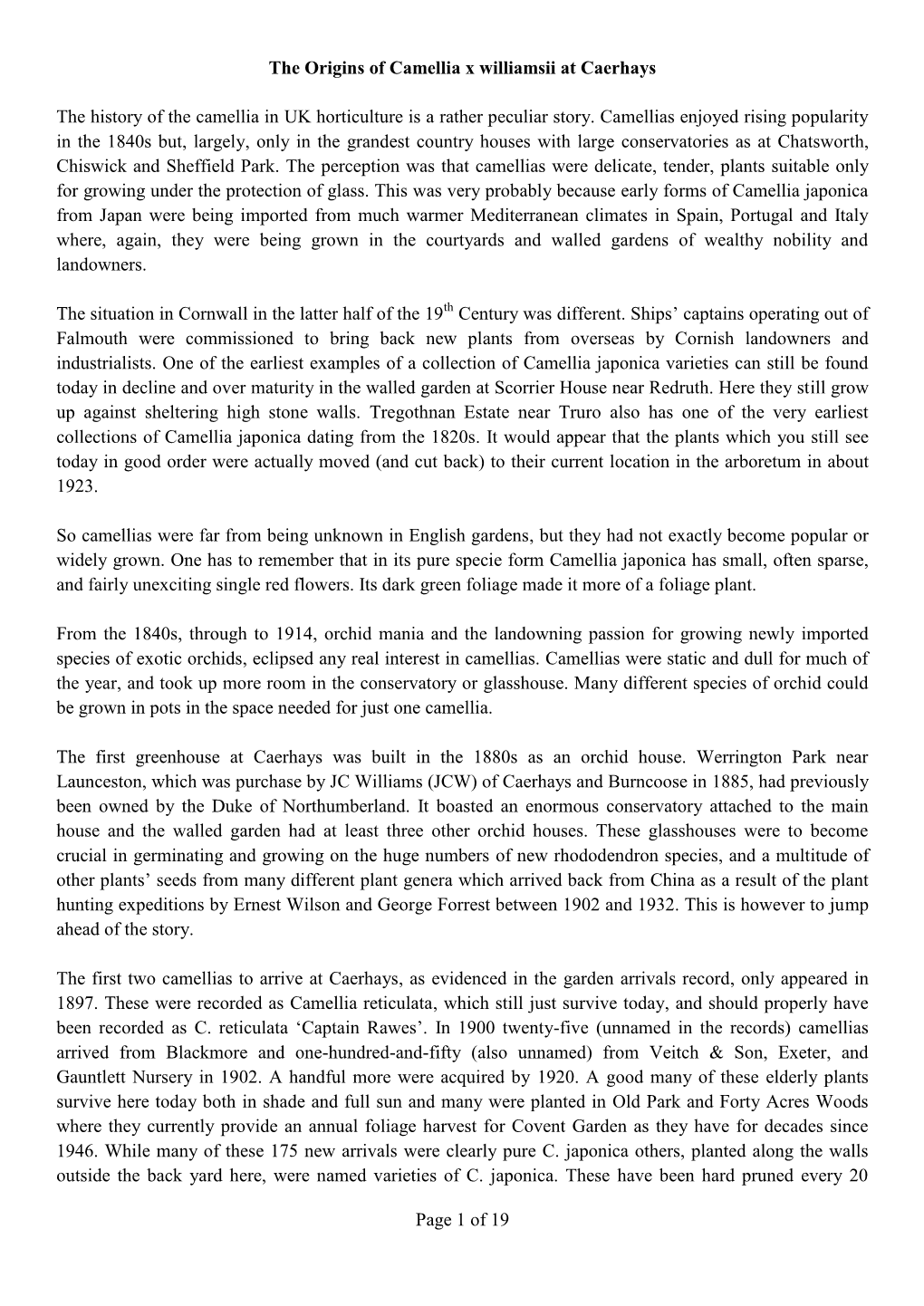 Page 1 of 19 the Origins of Camellia X Williamsii at Caerhays the History