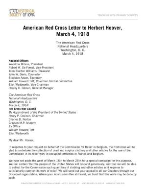 Transcript of American Red Cross Letter to Herbert Hoover
