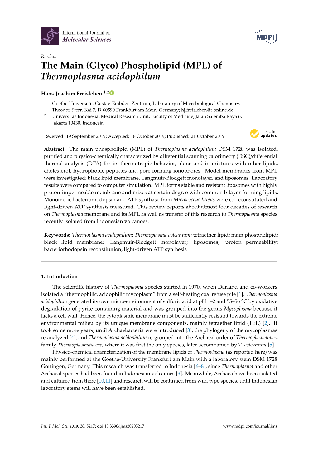The Main (Glyco) Phospholipid (MPL) of Thermoplasma Acidophilum