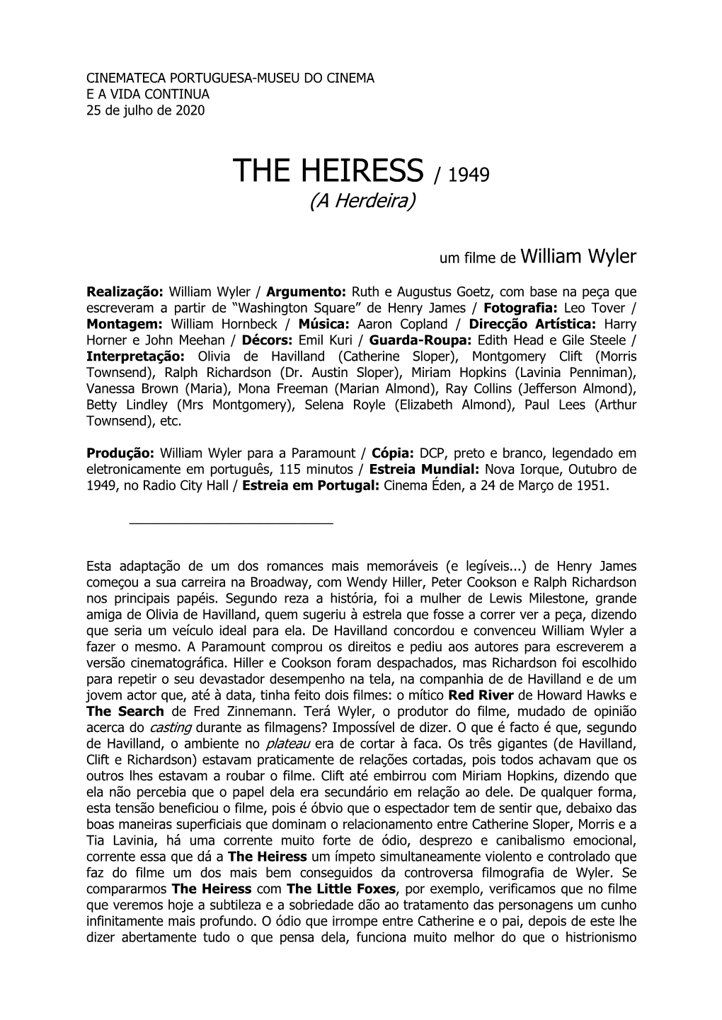 THE HEIRESS / 1949 (A Herdeira)