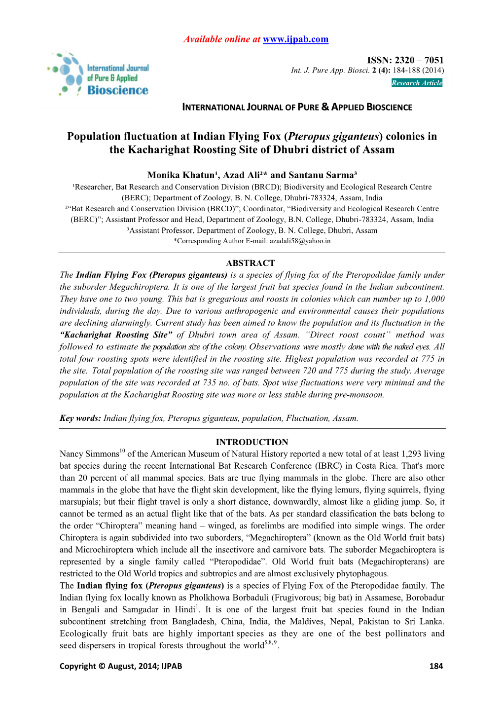 Population Fluctuation at Indian Flying Fox (Pteropus Giganteus) Colonies