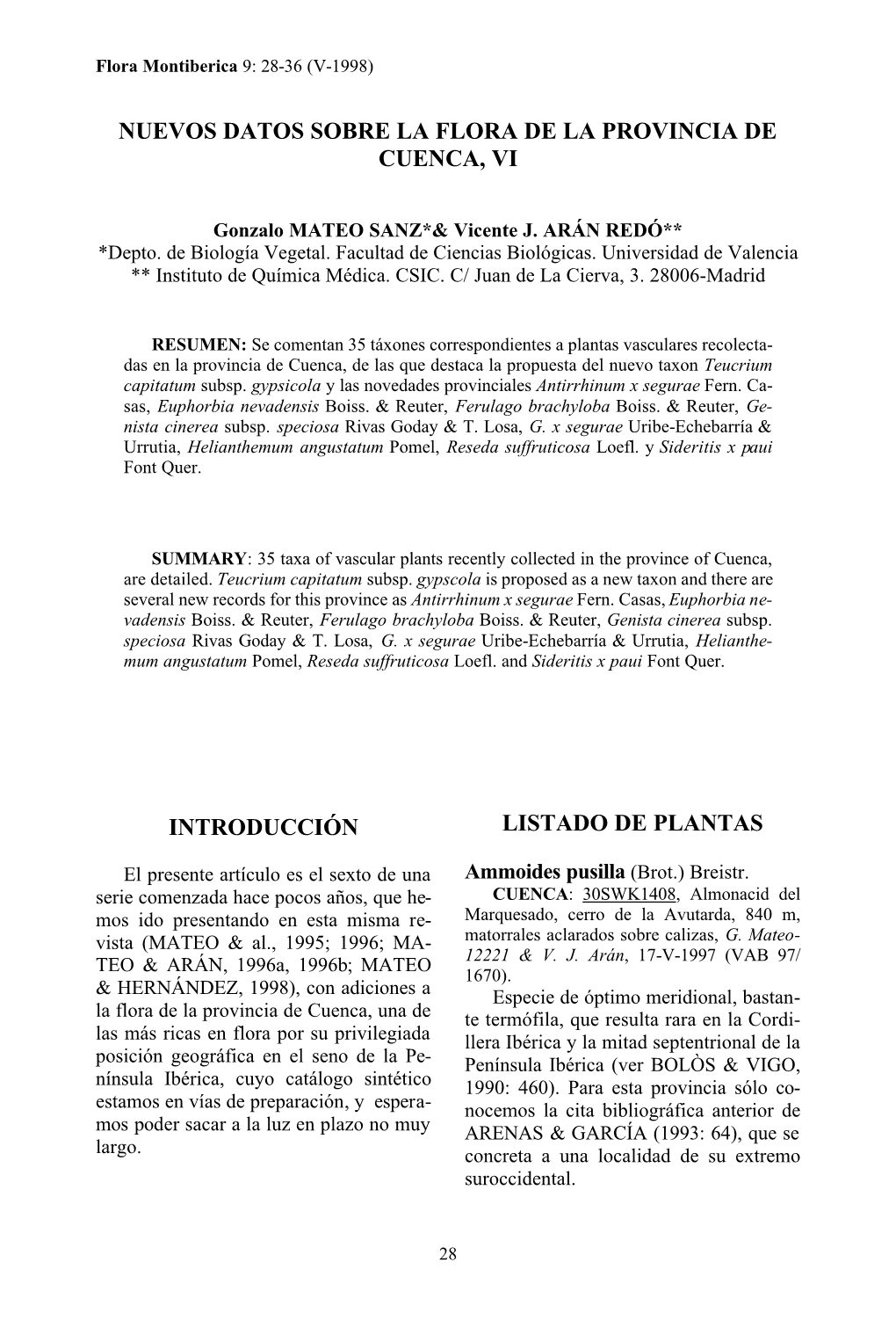 Nuevos Datos Sobre La Flora De La Provincia De Cuenca, Vi