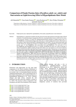 Comparison of Purple Passion Juice (Passiflora Edulis Var. Edulis) and Simvastatin on Lipid-Lowering Effect of Hyperlipidemic Rats Model