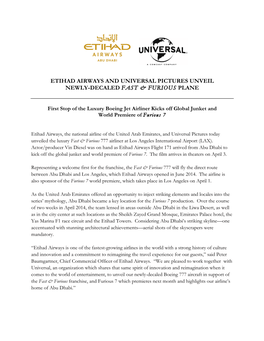 Etihad Airways and Universal Pictures Unveil Newly-Decaled Fast & Furious Plane