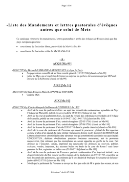 Liste Des Mandements Et Lettres Pastorales D'évêques Autres Que Celui De Metz -A