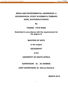 Media and Environmental Awareness: a Geographical Study in Kembata Tembaro Zone, Southern Ethiopia