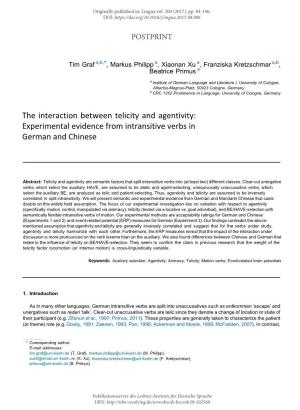 The Interaction Between Telicity and Agentivity: Experimental Evidence from Intransitive Verbs in German and Chinese