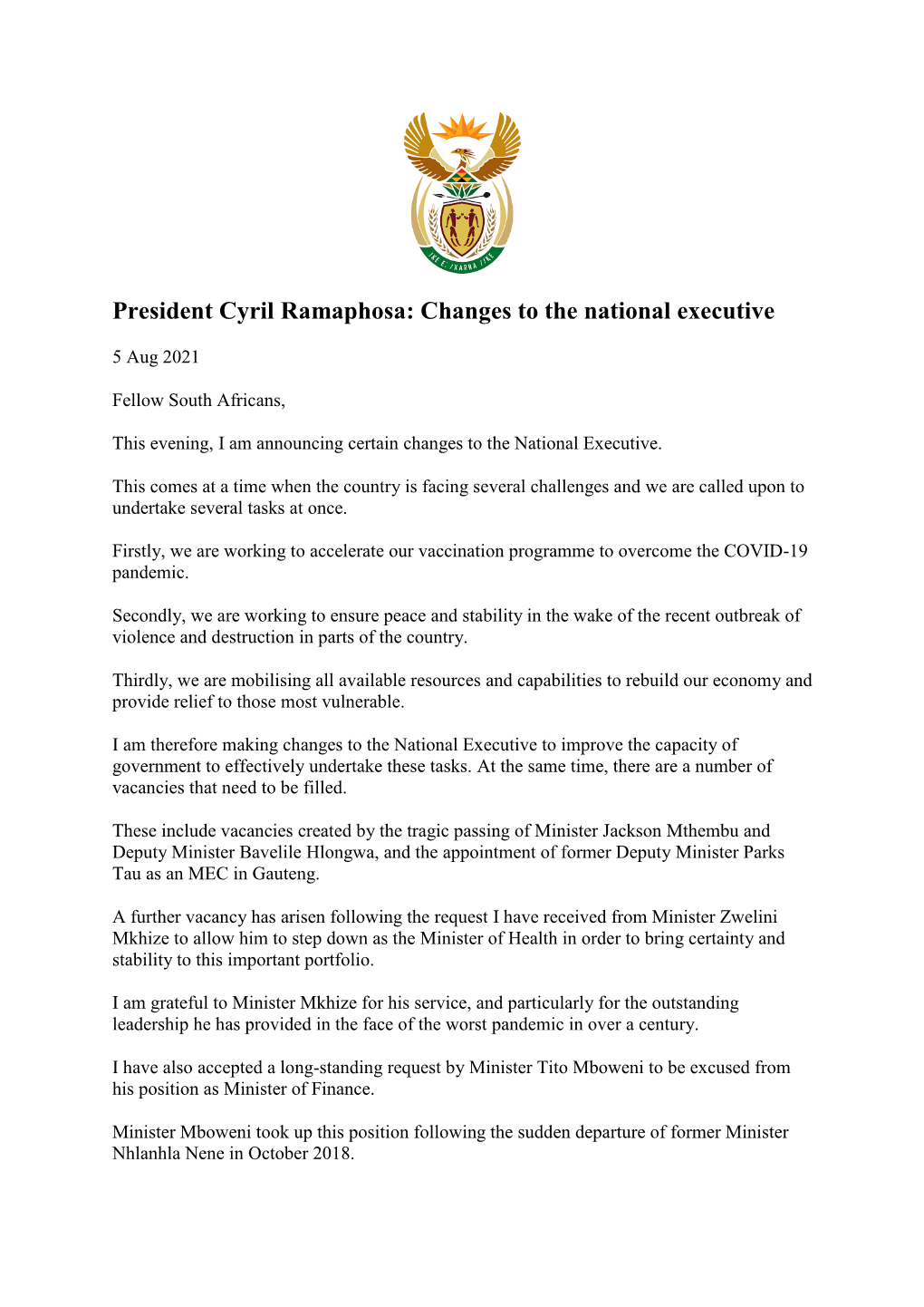 President Cyril Ramaphosa: Changes to the National Executive