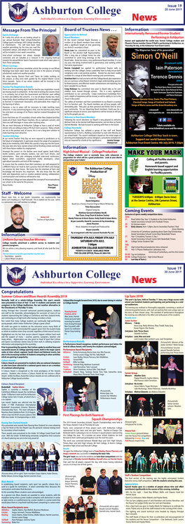 Ashburton College 20 June 2019 Individual Excellence in a Supportive Learning Environment News