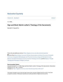 Sign and Word: Martin Luther's Theology of the Sacraments