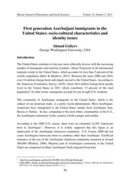 First Generation Azerbaijani Immigrants in the United States: Socio-Cultural Characteristics and Identity Issues
