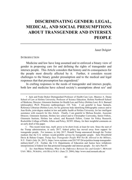 Discriminating Gender: Legal, Medical, and Social Presumptions About Transgender and Intersex People