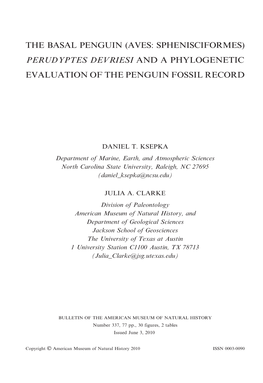 Perudyptes Devriesi and a Phylogenetic Evaluation of the Penguin Fossil Record