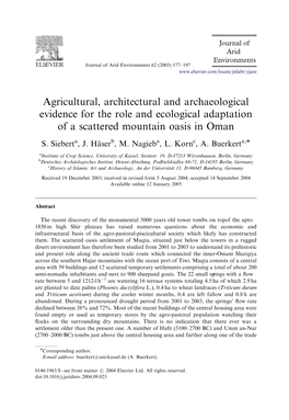 Agricultural, Architectural and Archaeological Evidence for the Role and Ecological Adaptation of a Scattered Mountain Oasis in Oman