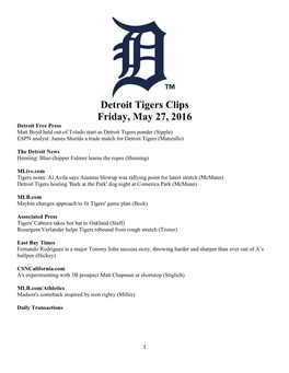 Detroit Tigers Clips Friday, May 27, 2016
