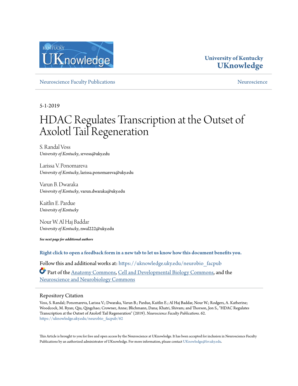 HDAC Regulates Transcription at the Outset of Axolotl Tail Regeneration S