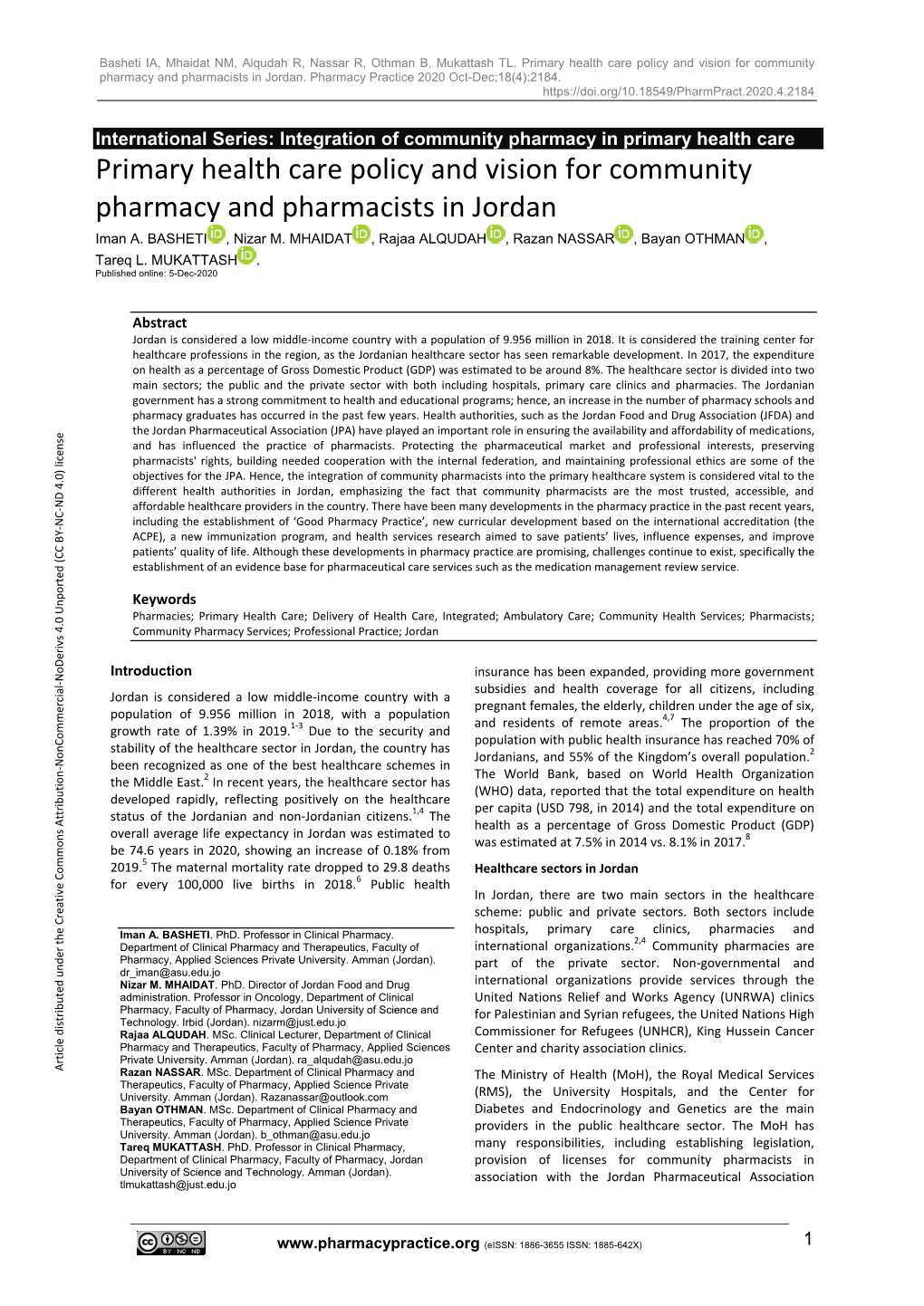 Primary Health Care Policy and Vision for Community Pharmacy and Pharmacists in Jordan