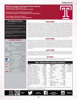 THIS WEEK LAST WEEK LAST TIME up NEXT 2016 Temple Football Game Notes
