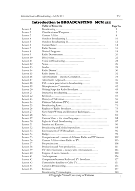 Introduction to BROADCASTING MCM 411 Table of Contents Page No