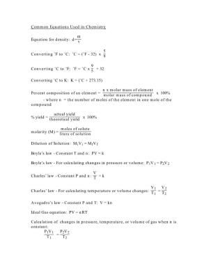 Common Equations Used in Chemistry Equation For