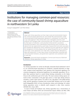 Institutions for Managing Common-Pool Resources: the Case of Community-Based Shrimp Aquaculture in Northwestern Sri Lanka Eranga K Galappaththi* and Fikret Berkes