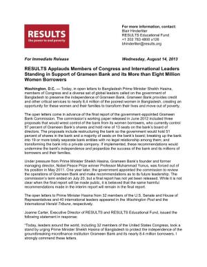 RESULTS Applauds Members of Congress and International Leaders Standing in Support of Grameen Bank and Its More Than Eight Million Women Borrowers