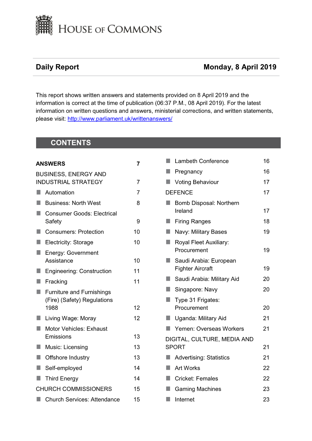 Daily Report Monday, 8 April 2019 CONTENTS