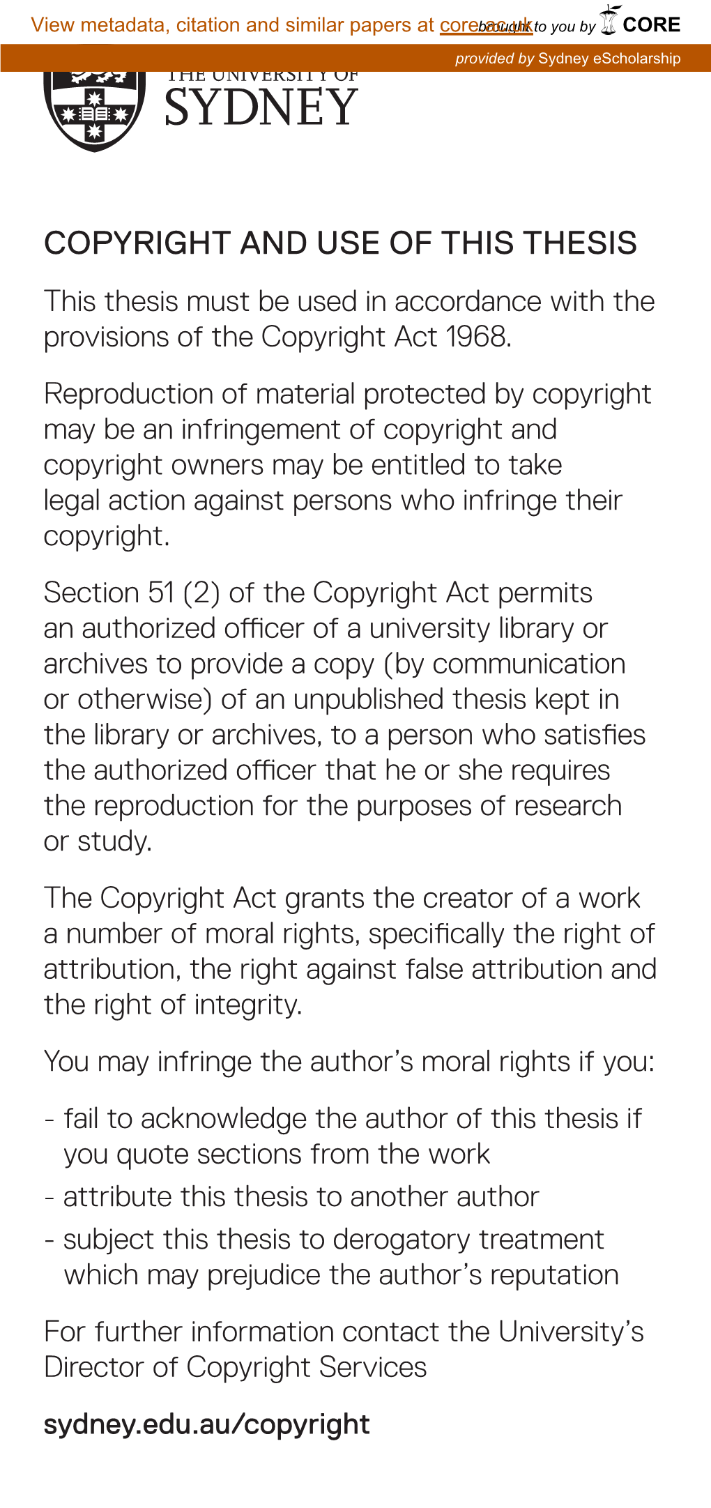 Copyright and Use of This Thesis This Thesis Must Be Used in Accordance with the Provisions of the Copyright Act 1968