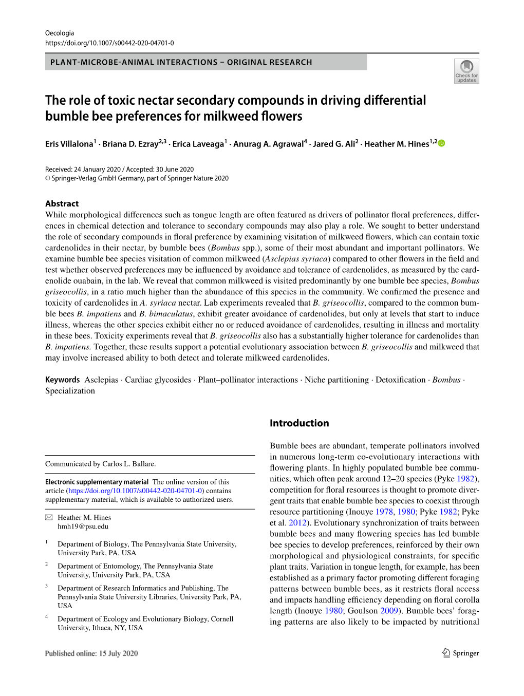The Role of Toxic Nectar Secondary Compounds in Driving Differential