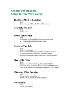 Credits for Singable Songs for the Very Young