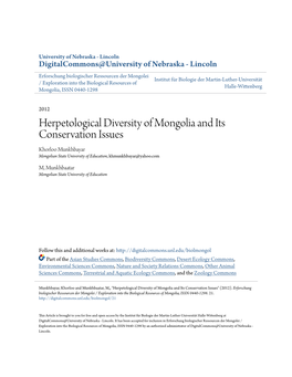 Herpetological Diversity of Mongolia and Its Conservation Issues Khorloo Munkhbayar Mongolian State University of Education, Khmunkhbayar@Yahoo.Com