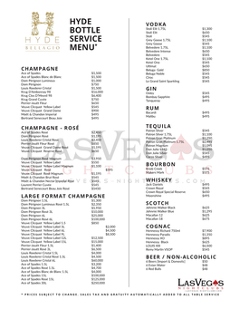 View the Hyde Bottle Service Menu for Champagne, Wine & Liquor Prices