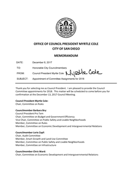 Office of Council President Myrtle Cole City of San Diego Memorandum