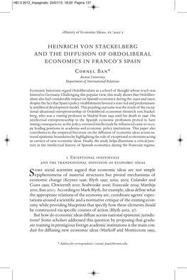 HEINRICH VON STACKELBERG and the DIFFUSION of ORDOLIBERAL ECONOMICS in FRANCO’S SPAIN C%&'() B*'* Boston University Department of International Relations