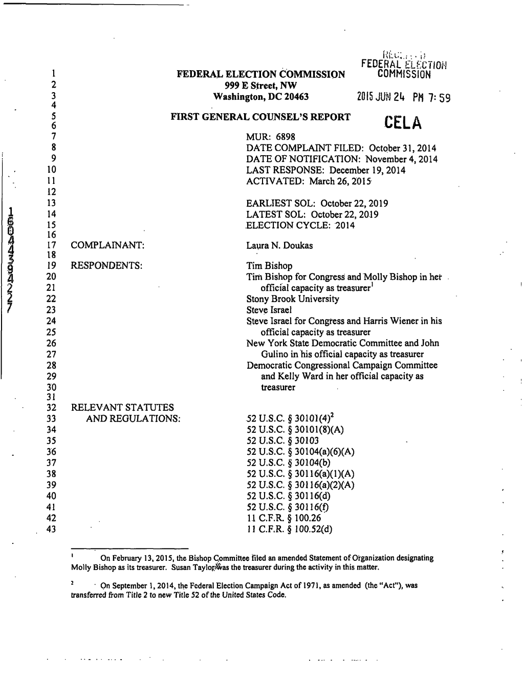 FEDERAL Hlfctiom COMMISSION 2015 JUN 214 PM7:59