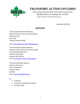 TRANSPORT ACTION ONTARIO Advocating for Integrated Public Transportation Across Ontario Box 858, Station “B” Ottawa, on K1P 5P9