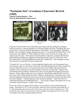 Fortunate Son”--Creedence Clearwater Revival (1969) Added to National Registry: 2014 Essay by Hank Bordowitz (Guest Essay)*
