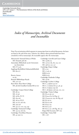 Index of Manuscripts, Archival Documents and Incunables