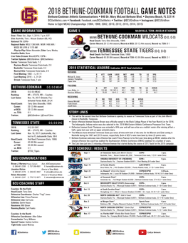 2018 BETHUNE-COOKMAN FOOTBALL GAME NOTES Bethune-Cookman Athletic Communications • 640 Dr