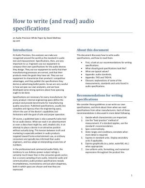 How to Write (And Read) Audio Specifications an Audio Precision White Paper by David Mathew Ap.Com