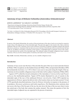 Autotomy of Rays of Heliaster Helianthus (Asteroidea: Echinodermata)*