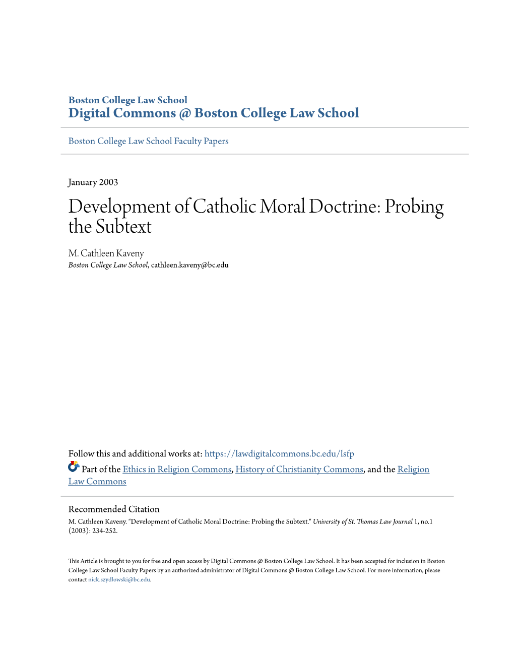 Development of Catholic Moral Doctrine: Probing the Subtext M