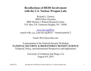 Recollections of HEDS Involvement with the U.S. Nuclear Weapon Labs