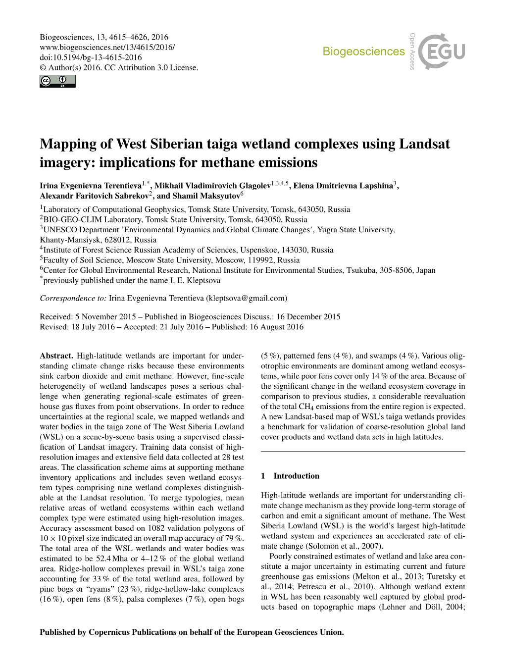 Mapping of West Siberian Taiga Wetland Complexes Using Landsat Imagery: Implications for Methane Emissions