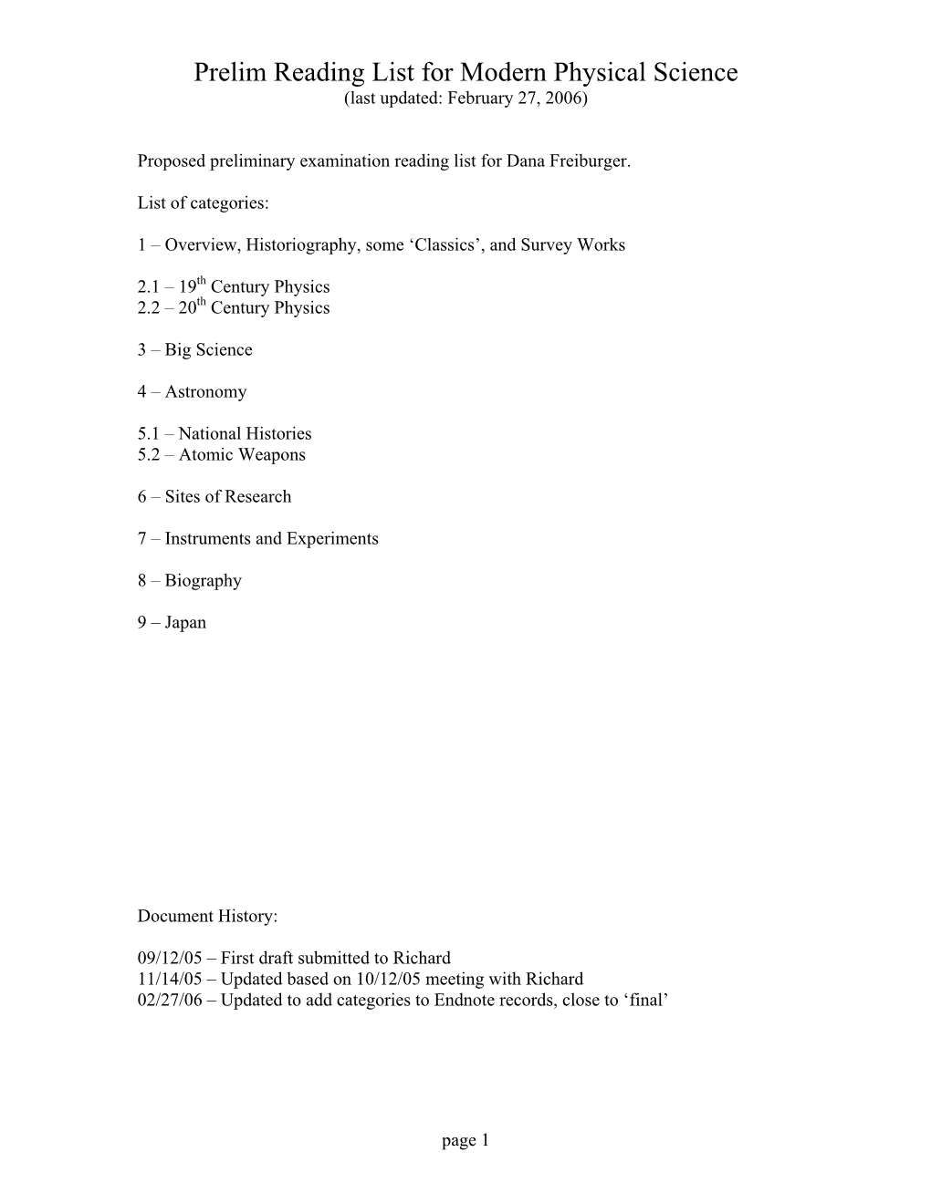 Prelim Reading List for Modern Physical Science (Last Updated: February 27, 2006)