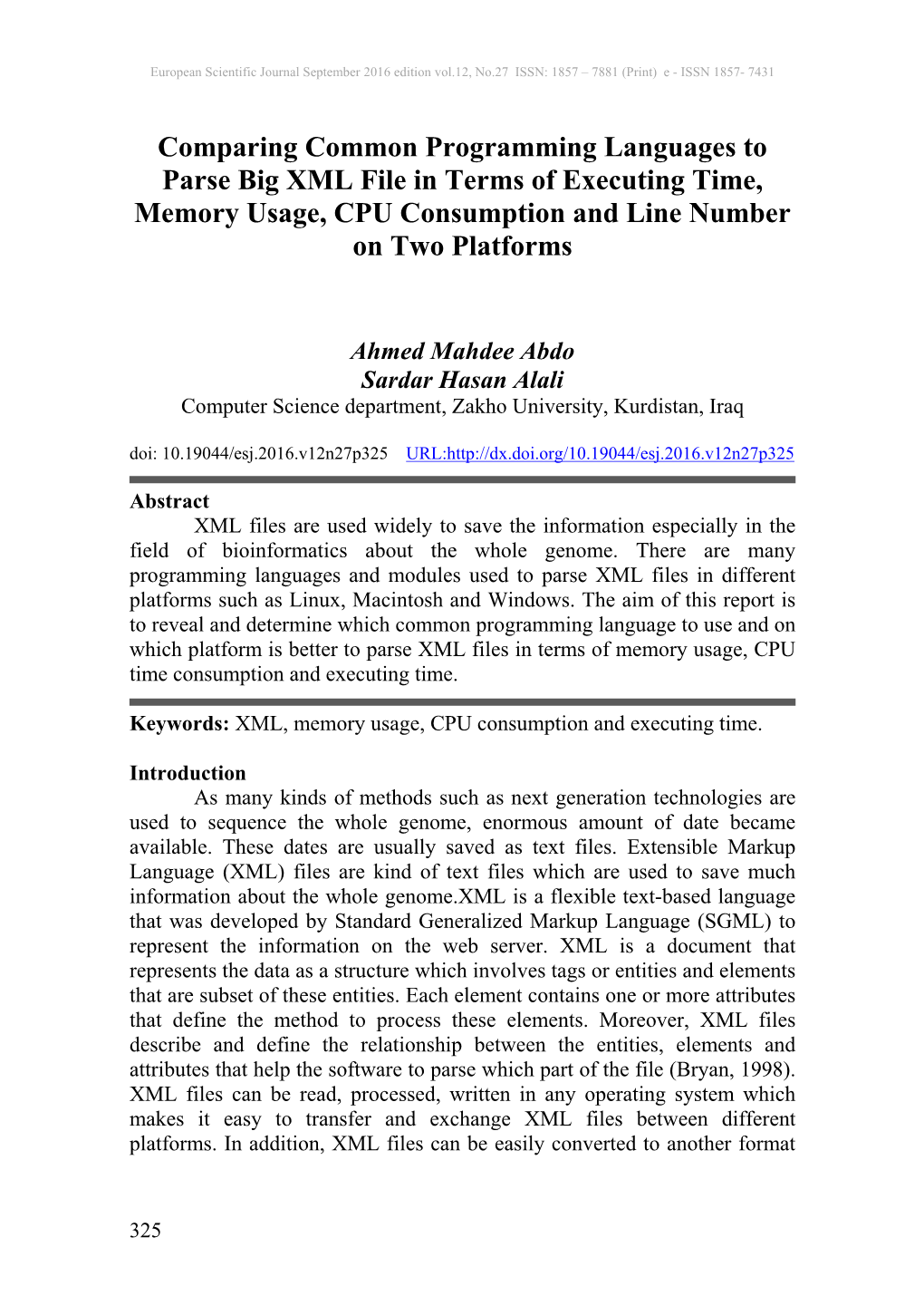 Comparing Common Programming Languages to Parse Big XML File in Terms of Executing Time, Memory Usage, CPU Consumption and Line Number on Two Platforms