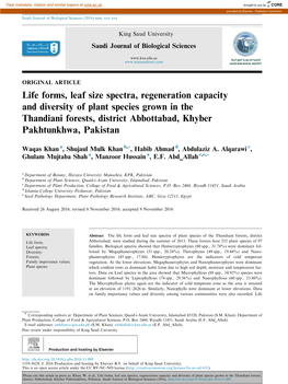 Life Forms, Leaf Size Spectra, Regeneration Capacity and Diversity of Plant Species Grown in the Thandiani Forests, District Abbottabad, Khyber Pakhtunkhwa, Pakistan